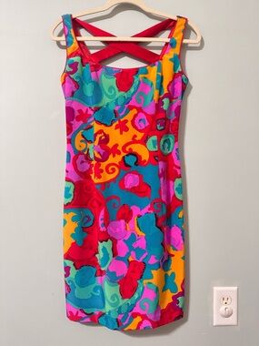 VTG 1980s A.J. Bari 100% Silk Cocktail  Mini Dress Abstract Floral Retro Sz 6